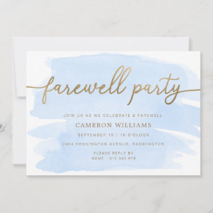 Blue Watercolor Gold Farewell Party Invitation