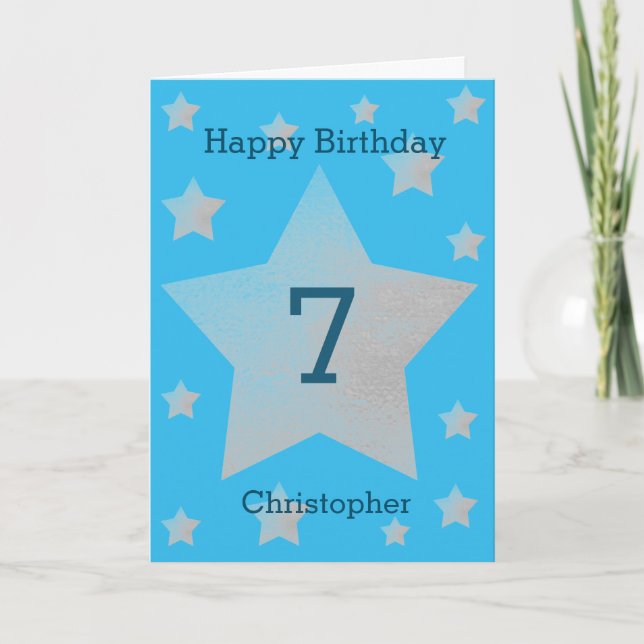 Blue Watercolor Gris Stars 7e carte d'anniversaire (Devant)