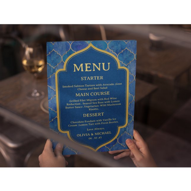 Blue Watercolor Moroccan Wedding Menu (Créateur téléchargé)