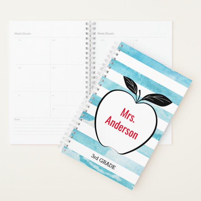 Blue Watercolor Stripes et Apple pour enseignant (Devant avec enveloppe)