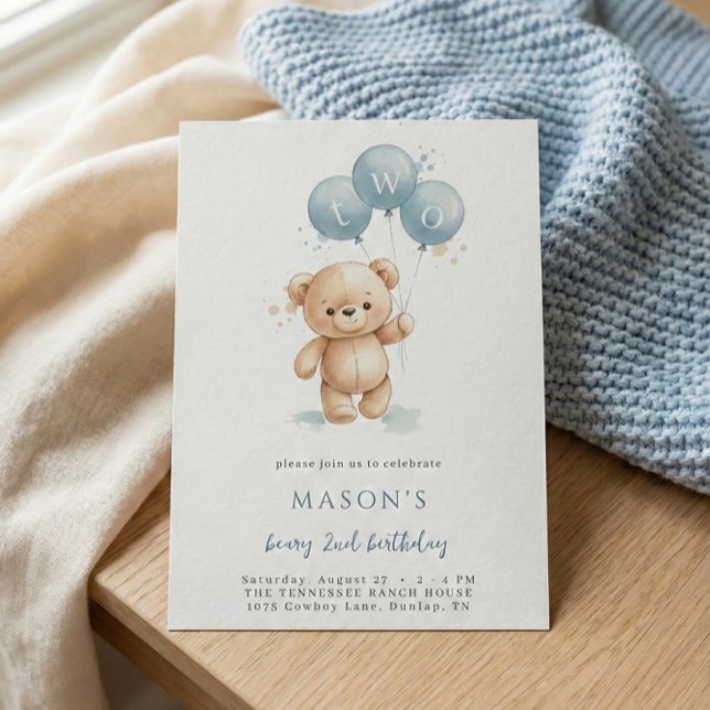 Blue Watercolor Teddy Bear 2nd Birthday Invitation (Créateur téléchargé)