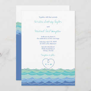 Blue Waves Moderne Loopy Heart Beach Invitation de