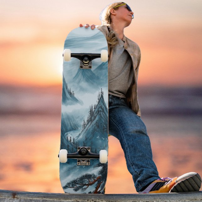 Blue Wavy Mountains Paysage Skateboard (Créateur téléchargé)