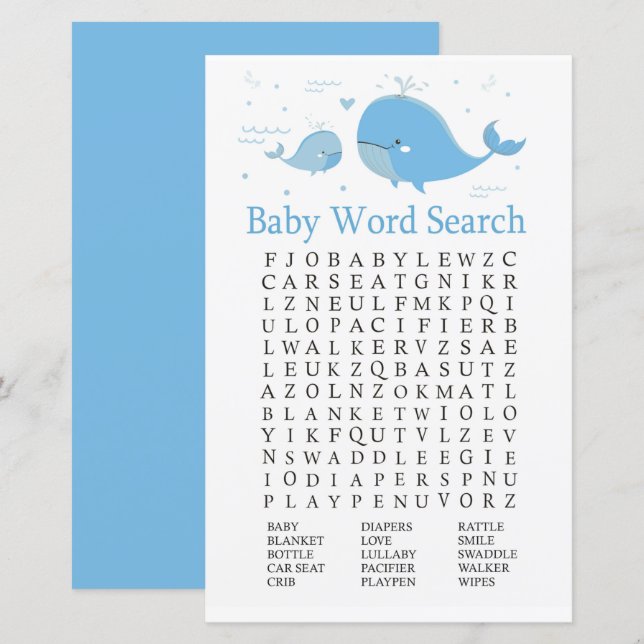 Blue Whale Baby shower Word Recherche Jeu (Devant / Derrière)