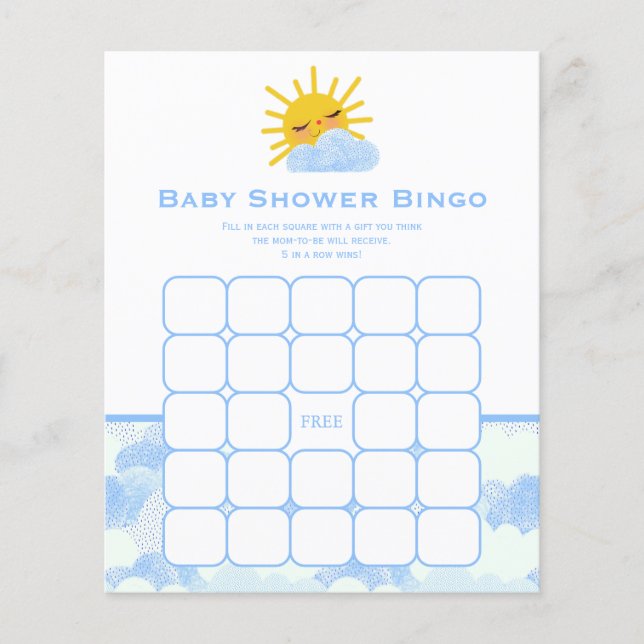 Blue White Clouds & Sun Baby shower Jeu de Bingo (Devant)