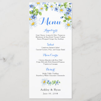Blue White Country Daisy Floral Mariage Menu