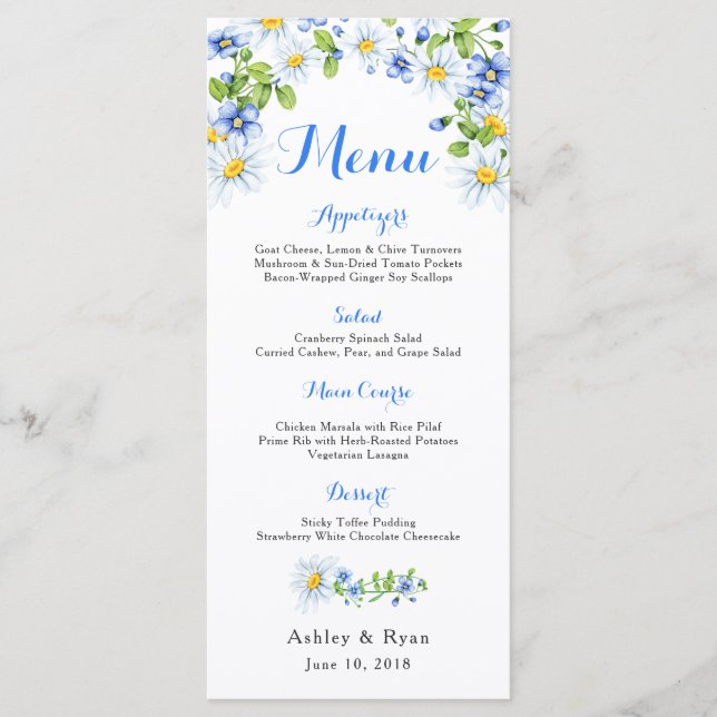 Blue White Country Daisy Floral Mariage Menu (Devant)