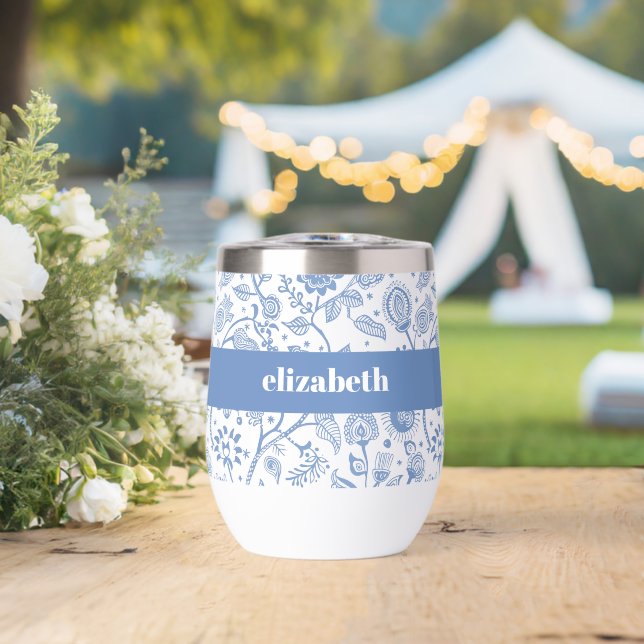 Blue White Floral Botanical Pattern Custom Name (Mariage (pivoté))