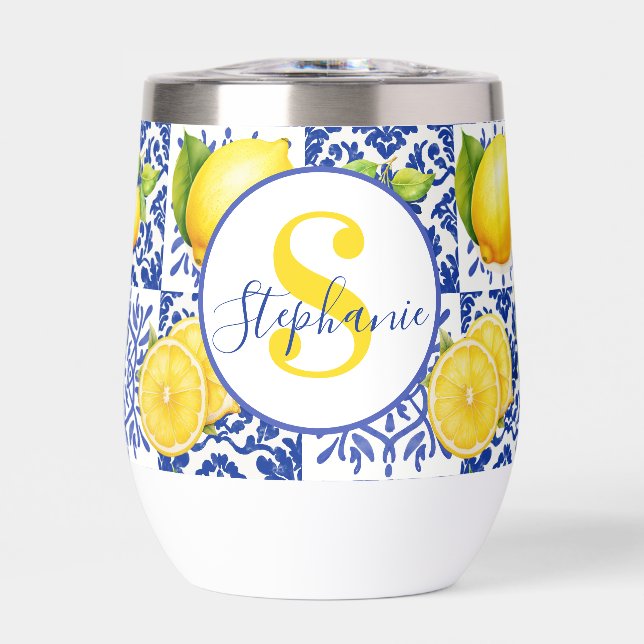 Blue White Lemon Tile Pattern Name Monogram Citrus (Avant)