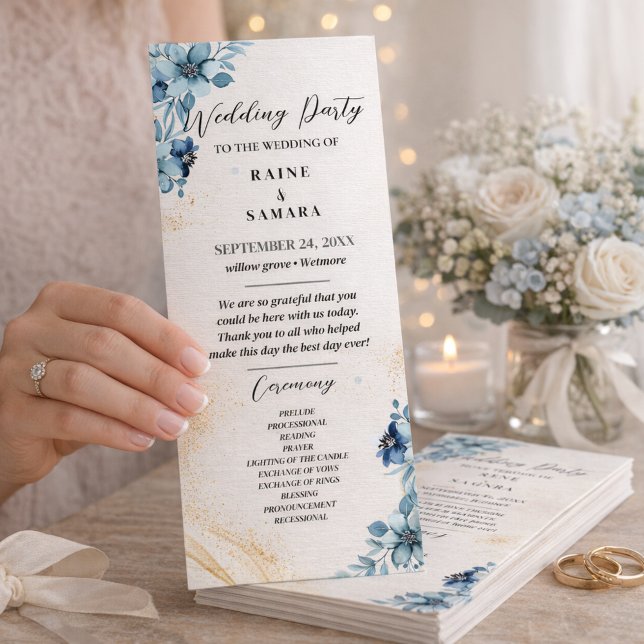 Blue & White Rustic Floral Wedding Party Programme (Blue & White Rustic Floral Wedding Party Program)