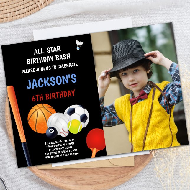Blue White Sports Invitations d'anniversaire avec  (Blue White Sports Birthday Invitations with photo)