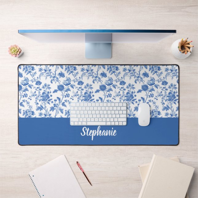 Blue White Vintage Floral Personalized Name (Bureau 1)