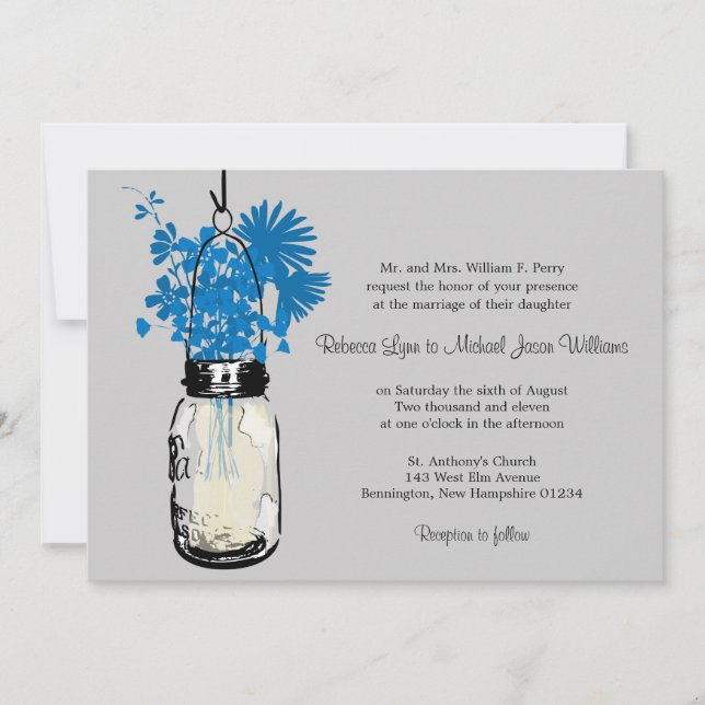 Blue Wild flowers & Mason Jar Mariage Invitations (Devant)