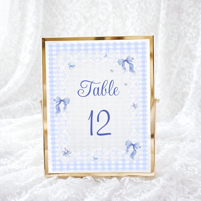 Blue Wildflower Floral  Bow Gingham Table Number (Créateur téléchargé)