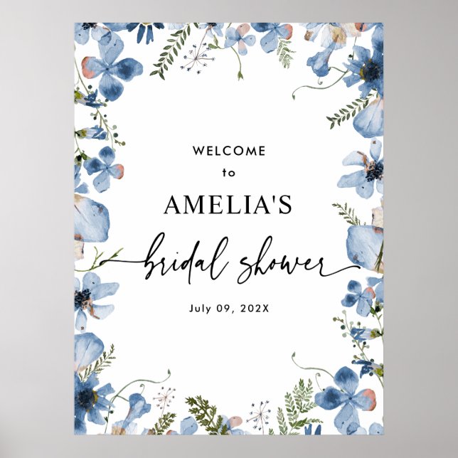 Blue Wildflowers Bridal Shower Welcome Sign Poster (Devant)