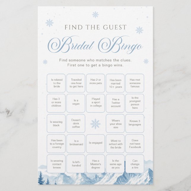 Blue Winter Bridal Shower Bingo Game (Devant)