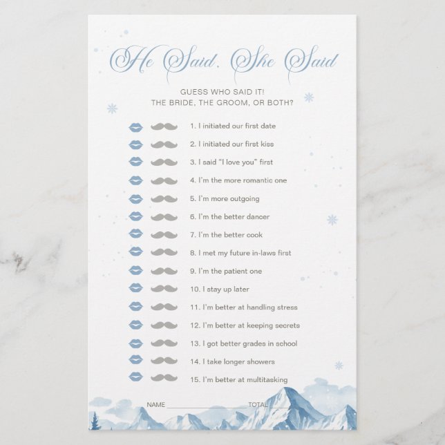 Blue Winter Bridal Shower He Said She Said Game (Devant)