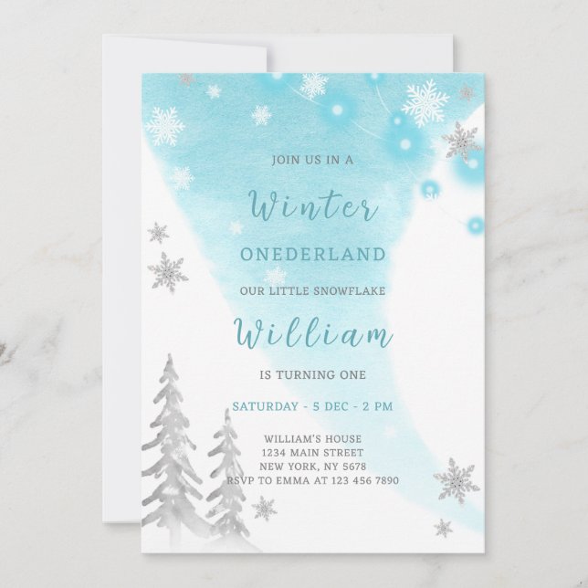 Blue Winter Onederland Anniversaire Invitation (Devant)