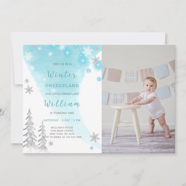 Blue Winter Onederland Anniversaire Invitation Pho (Devant)