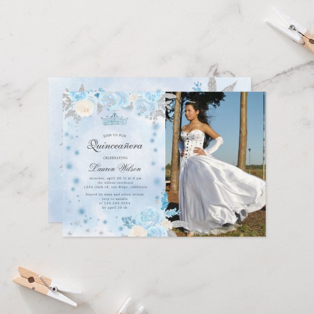 Blue Winter Wonderland Quinceanera Invitation (Devant/Arrière en situation)