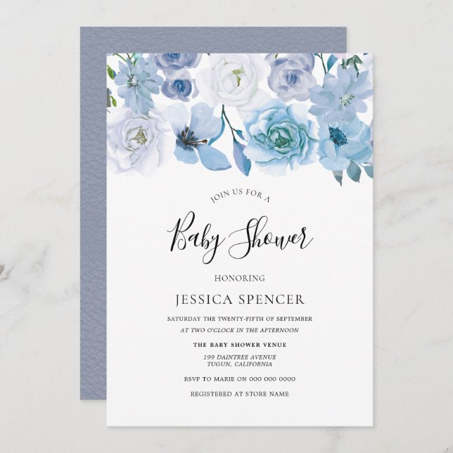 Blue Wonderland Gris Baby shower Invitation (Devant / Derrière)