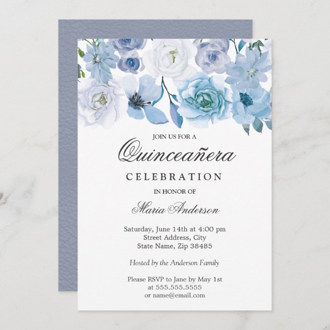 Blue Wonderland Gris Fleur Quinceanera Invitation (Devant / Derrière)