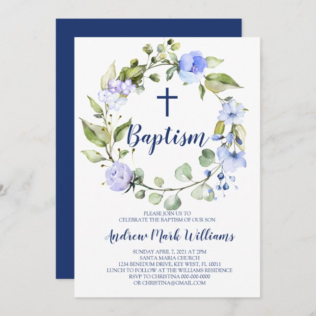 Blue Wreath Baby Boy Baptism Invitation (Devant / Derrière)