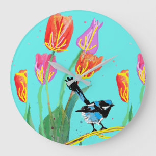 Blue Wren Blue Birds Peint Art Wall Horloge