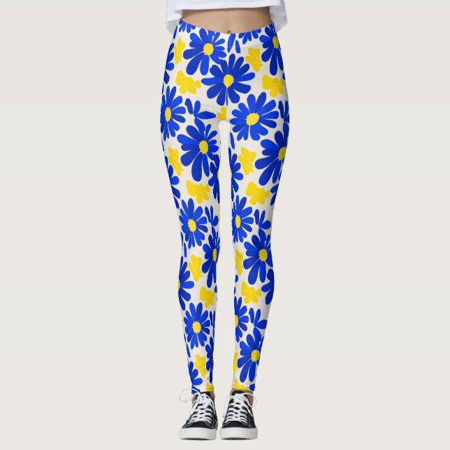 Blue & Yellow Retro Daisy Print Leggings (Devant)