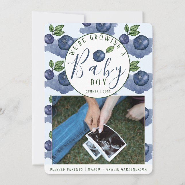 Blueberries Baby Boy Pregnancy Invitation (Devant)