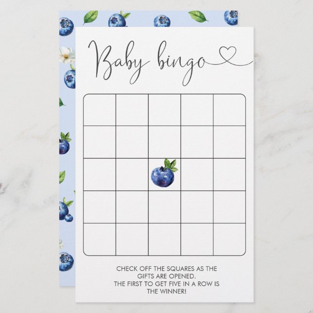 Blueberry Baby shower Jeu de Bingo (Devant / Derrière)