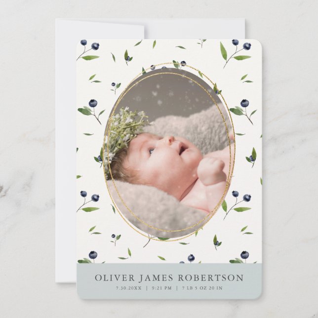 Blueberry Motif Boy Photo Faire-part de naissance (Devant)