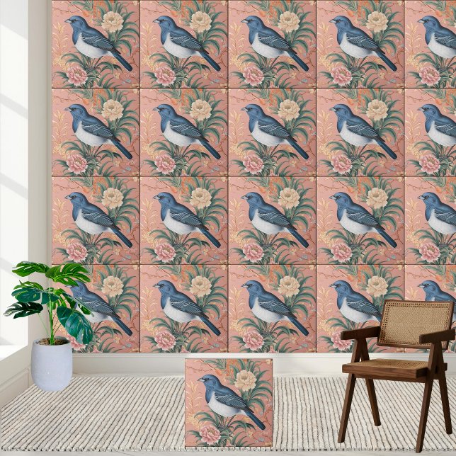 Bluebird Chinoiserie Motif Floral Carreau (Bluebird Chinoiserie Floral Pattern Tile)