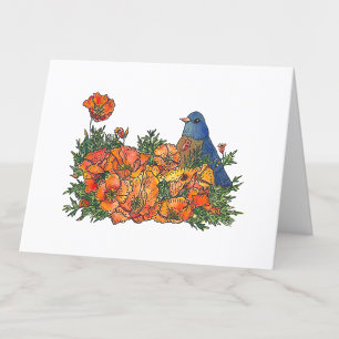 Bluebird in Poppy Flowers Watercolor Carte blanche