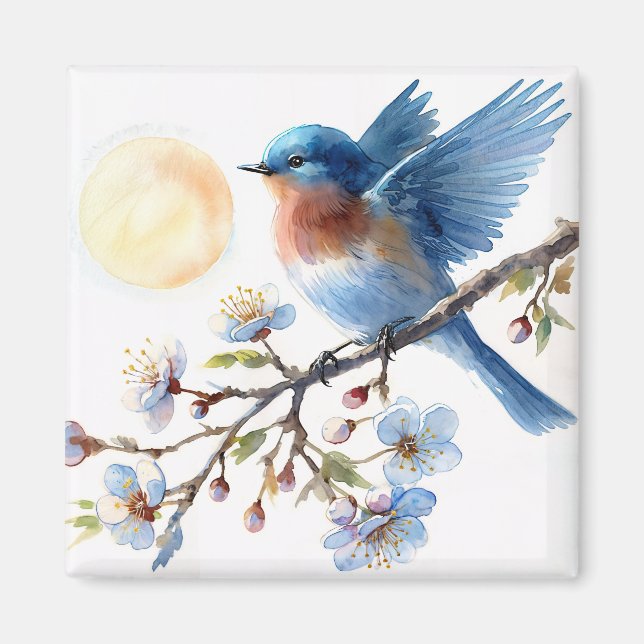 Bluebird on Blossom Branch Square Magnet (Devant)