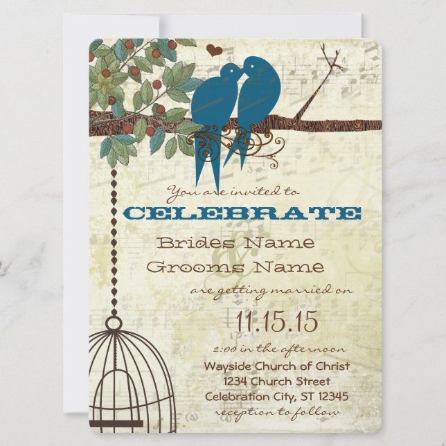 Bluebirds assis dans un mariage d'arbre Invitation (Devant)