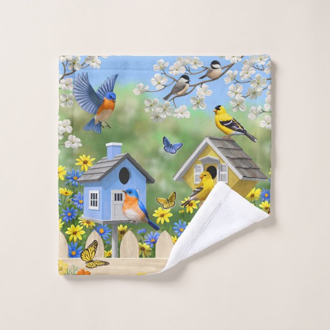 Bluebirds Goldfinches Birdhouses Jardin aux fleurs (Gant de toilette)