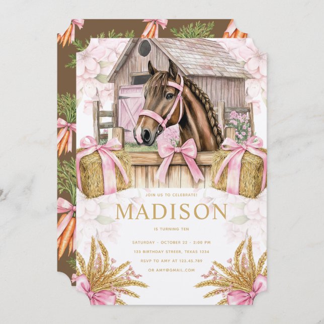 Blush Barn Horse Birthday Invitation for Girls (Devant / Derrière)