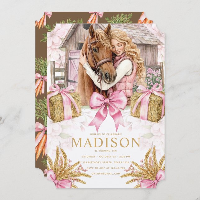 Blush Barn Horse Birthday Invitation with Girl (Devant / Derrière)