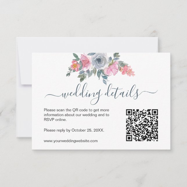 Blush Bleu Poussiéreux Code QR RSVP Aquarelle Flor (Devant)