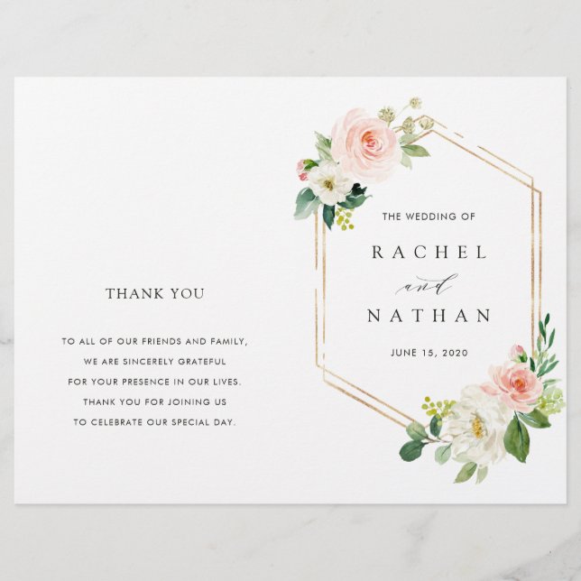 Blush Bloom Gold Frame Programme de mariage plié (Devant)