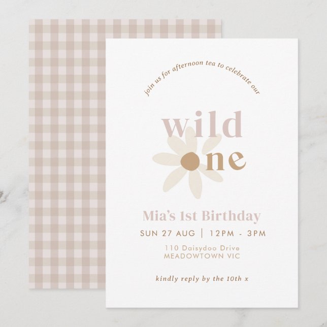Blush Boho Daisy Floral First Birthday Invitation (Devant / Derrière)