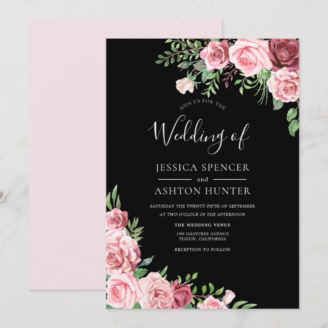 Blush Bourgogne Floral Noir Élégant Invitation de  (Devant / Derrière)