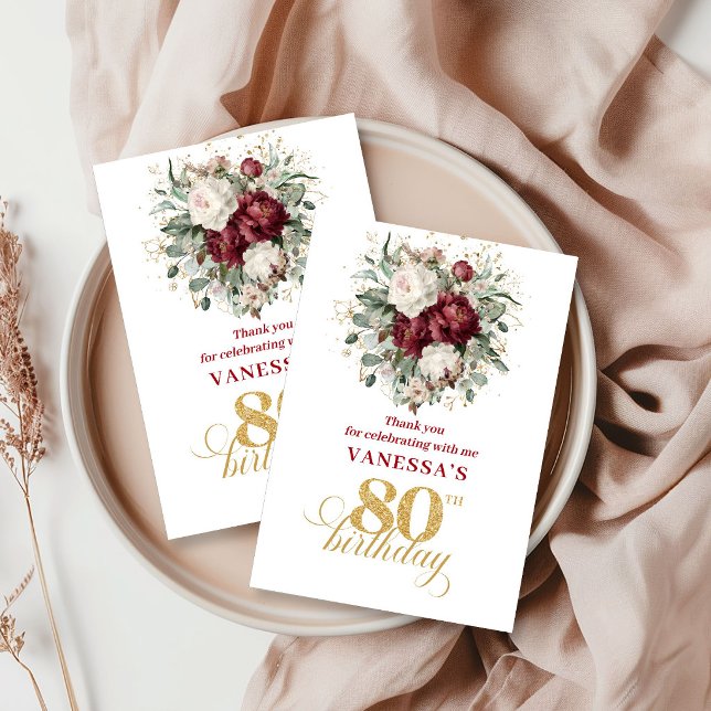 Blush Burgundy Designer 80e Anniversaire Merci  (Designer Blush Burgundy 80th Birthday Thank You Card)