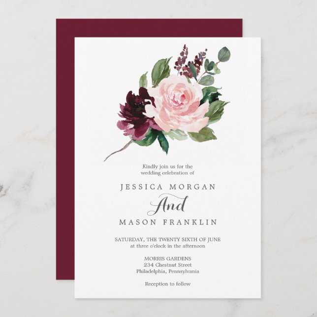 Blush Burgundy Faire-part de mariage (Devant / Derrière)