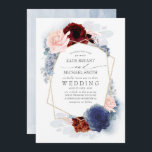 Blush Burgundy Navy Blue Floral Faire-part de mari<br><div class="desc">Blush,  bleu poussiéreux,  rouge bordeaux et bleu marine élégantes invitations de mariage</div>