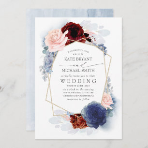 Blush Burgundy Navy Blue Floral Faire-part de mari