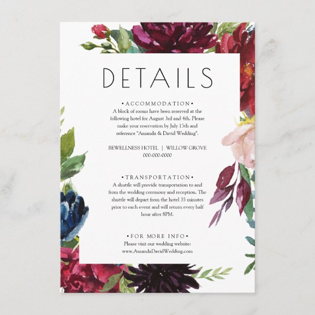Blush Burgundy Navy Floral Mariage Détails Carte (Devant)