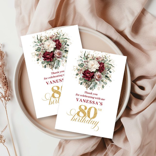 Blush Burgundy Premium 80e Anniversaire Merci  (Premium Blush Burgundy 80th Birthday Thank You Card)