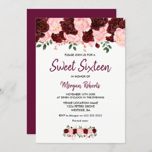 Blush Burgundy Rose Sweet 16 Script Invitation